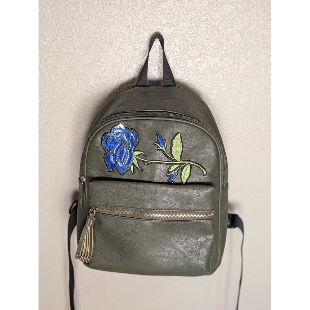 Olive Green Faux Leather Backpack Blue Sequin Rose Floral Tassel Embroidered Bag